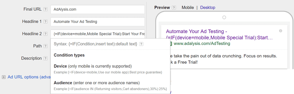 Setting up "IF ads" in Google Ads
