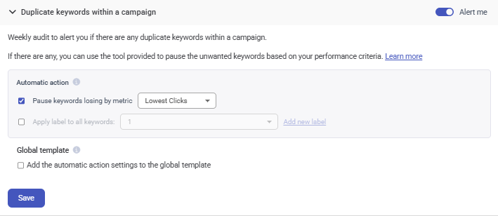Duplicate keywords alert in Adalysis