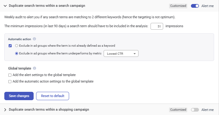 Duplicate search terms alert in Adalysis (for search and shopping campaigns)